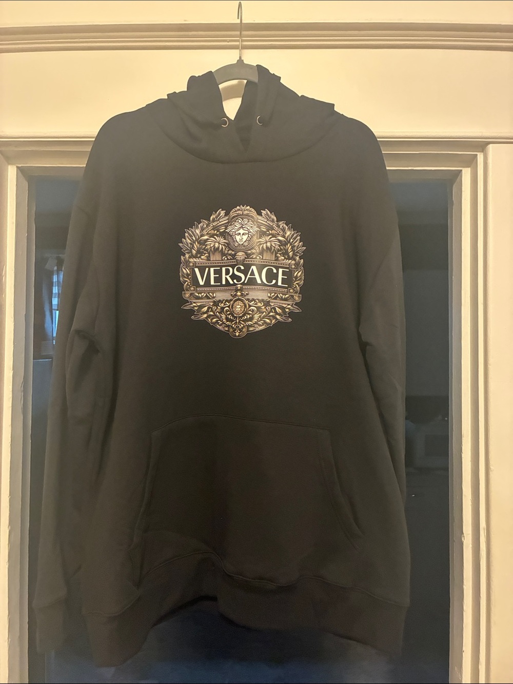 Versace style Black Hoodie with Gold Crest Logo